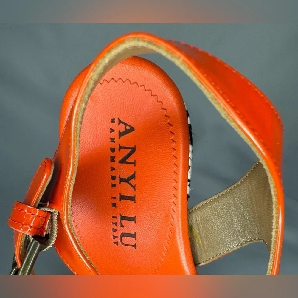 Anyi Lu Women’s Lola Red/Orange Patent Wedge Sandals Handmade in Italy Size 39